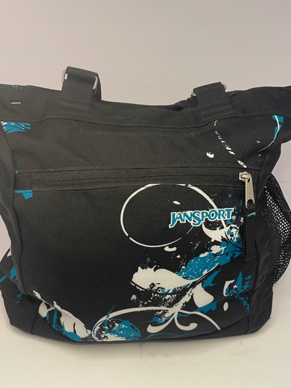 JanSport Utility Tote Bag Black Blue Splatter Paint Graphic Mesh Side Pockets TB